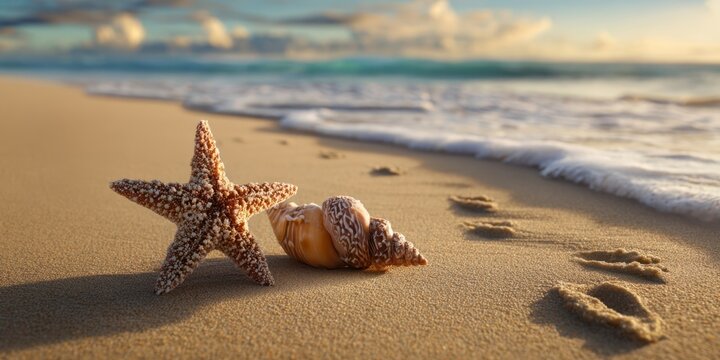 The beautiful starfish and seashell resting on a tranquil beach shore.