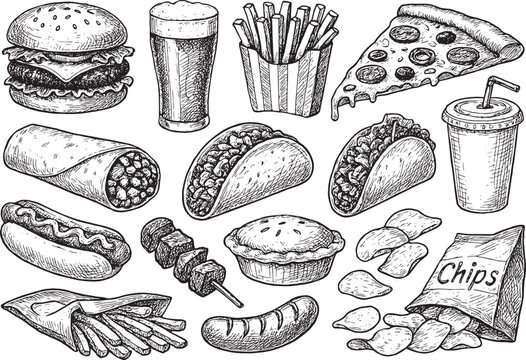 Fast Food Engraving Illustrations 🍔🥤: Hand-drawn vintage-style burger, pizza, hot dog, and soda. Ideal for classic menu design and posters.