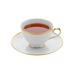 A transparent porcelain teacup with rich dark amber tea and elegant gold trim, resting on a matching saucer, isolated against a seamless shadowless white studio background, professional product