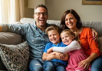 Obraz premium Happy family sitting together on a couch smiling