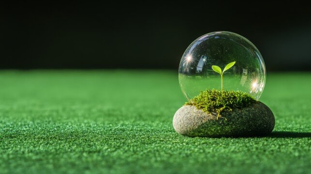 Small plant growing inside a glass dome on a stone base in a green environment at daytime