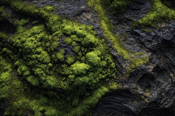 Lush green moss covering a rough stone surface in a serene natural setting on a damp day