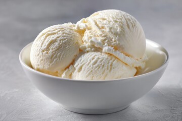 Two scoops of creamy, pale-yellow vanilla ice cream rest in a simple white bowl on a light gray surface