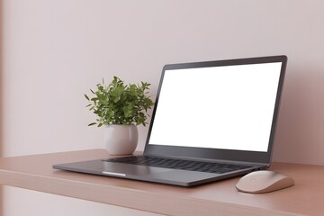 Fototapeta premium Modern laptop with blank screen and computer mouse on a wooden desk next to a potted plant