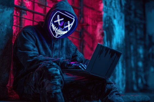 Mysterious individual using laptop in urban setting with neon mask and eerie lighting at night