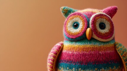 Colorful knitted owl toy displayed against a warm background in a cozy setting during daylight hours