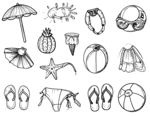 Doodle-style black illustrations of beach vacation essentials hand-sketched summer isolated on a transparent background.