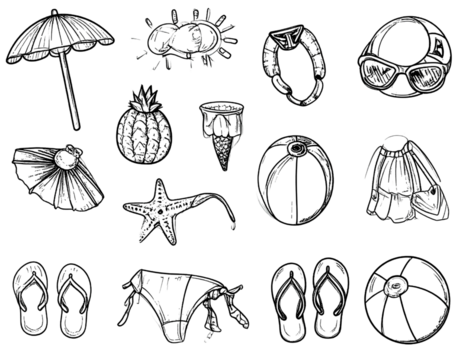 Doodle-style black illustrations of beach vacation essentials hand-sketched summer isolated on a transparent background. - Powered by Adobe