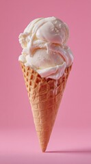 Two scoops of melting vanilla ice cream in a crisp waffle cone, against a vibrant pink background