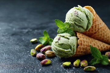 Two scoops of vibrant pistachio ice cream nestled in waffle cones, adorned with fresh mint and scattered pistachio nuts on a dark surface