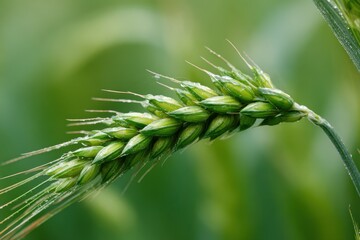 Wheat crop showing signs of growth with fresh dew on green ears in a field during the early morning light