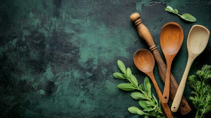 Wooden kitchen utensils and fresh herbs on a dark stone surface create a rustic cooking atmosphere
