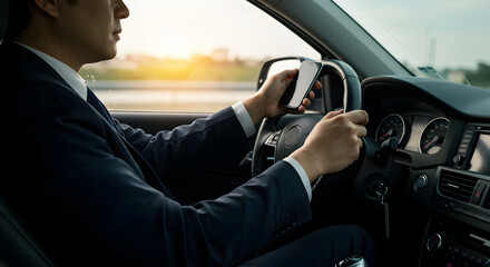 Man driving car using phone distracted driving road safety mobile phone automobile transportation risk