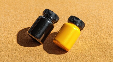 Two short, opaque bottles, one black, one yellow, rest on a sandy surface, casting shadows.  The bottles have black screw-top lids