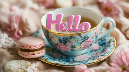 Delicate tea time with floral cup and colorful macarons surrounded by soft petals