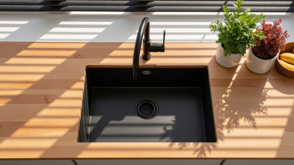 Modern kitchen sink with sleek design, black finish, and wooden countertop. Natural light creates beautiful shadows, enhancing cozy atmosphere