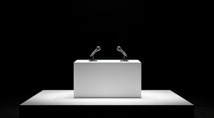 Two silver microphones sit atop a stark white podium, centrally positioned on a larger white platform against a pitch-black background, illuminated by subtle lighting