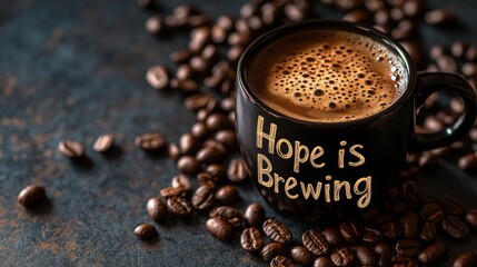 Coffee mug resting on dark surface surrounded by coffee beans with inspirational message of hope