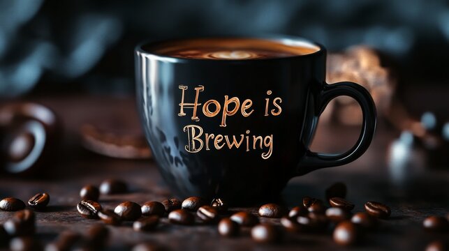 Coffee cup with inspirational message and coffee beans on a wooden table in a cozy setting