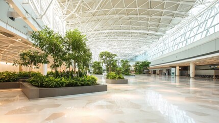 A spacious, modern airport terminal interior featuring lush greenery and architectural design.