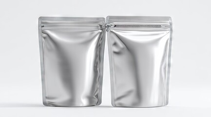 Two silver, stand-up, resealable pouches with zippers, displayed against a plain white background;  smooth, shiny surface