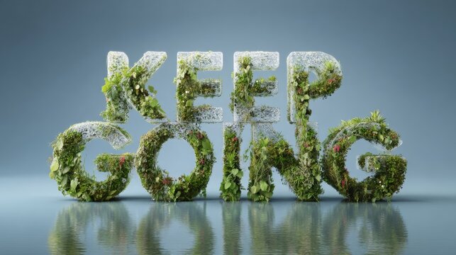 Inspirational greenery with the words Keep Going reflecting in tranquil water illustrating resilience and nature