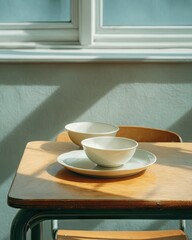 Two simple, off-white bowls rest on a plate, centered on a light wood table near a window, bathed in sunlight casting distinct shadows