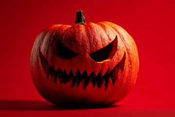 A menacingly carved Halloween pumpkin with sharp teeth and glowing eyes against a vibrant red backdrop
