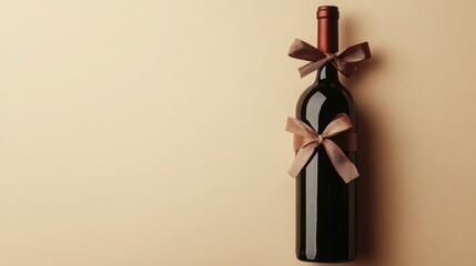 Elegant red wine bottle with ribbon decoration on a beige background for special occasions or gifts