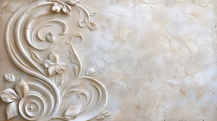 Decorative wall relief featuring floral designs and intricate patterns in a subtle color palette
