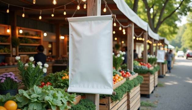 Vertical banner mockup. Roll-up banner mockup in outdoor food market scene