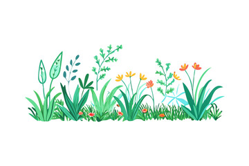 Obraz premium Lush green garden border with flowers illustration
