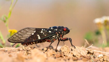 Close-up of a colorful cicada on ground