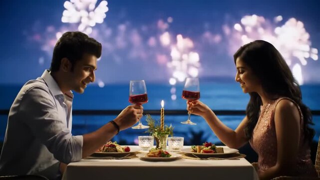 young indian couple enjoying romantic dinner by sea, with glasses of red wine, under sky illuminated by fireworks. new year celebration at resort, love, and intimate atmosphere. st. valentine's day