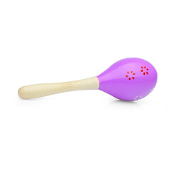 Purple wooden maracas on a white background. Children's musical rattle for games.