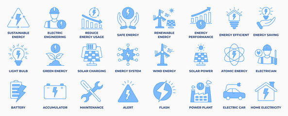 Electricity, electrical energy blue  line icon collection set. Contains icons Electric power line, energy, light bulb and electrical equipment. Vector Illustration.
