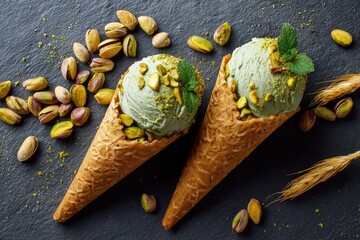 Two scoops of pale green pistachio ice cream, studded with pistachios, nestled in waffle cones, surrounded by more pistachios and a sprig of mint on a dark grey surface
