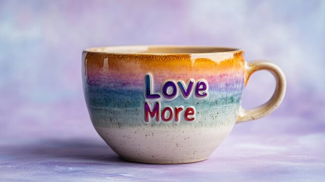 Colorful ceramic cup with inspirational text sitting on a soft pastel background showcasing love and positivity