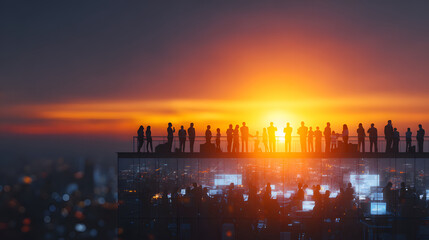 Fototapeta premium Rooftop event at sunset with diverse business team celebrating, city skyline in background, vibrant and energetic atmosphere