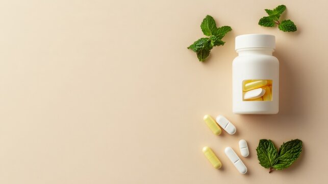 Health supplements on a beige surface with mint leaves arranged artistically beneath a white bottle