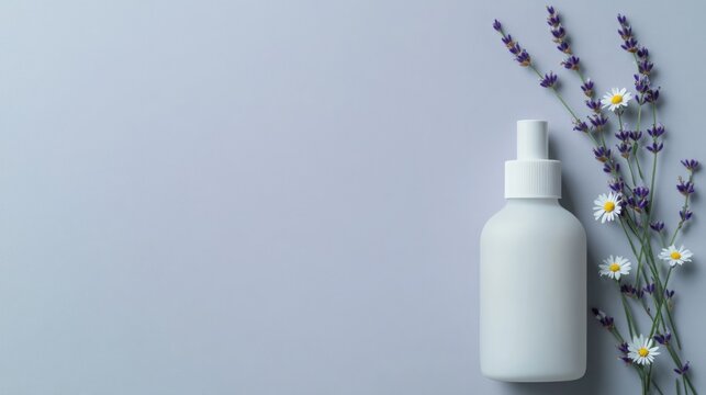 White spray bottle with lavender and daisy flowers on light background in a serene setting