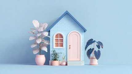 Colorful miniature house with plants arranged on a pastel blue background creating a serene atmosphere