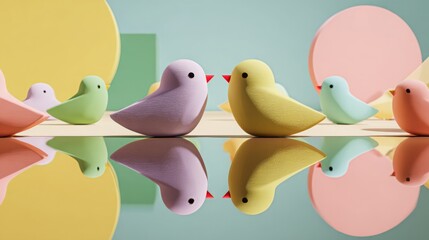 Colorful birds in playful arrangement on reflective surface with geometric shapes in background
