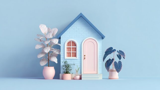Colorful miniature house with plants arranged on a pastel blue background creating a serene atmosphere