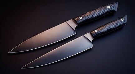 Two sleek chef's knives with brushed steel blades and textured carbon fiber handles rest on a dark surface, illuminated by warm light