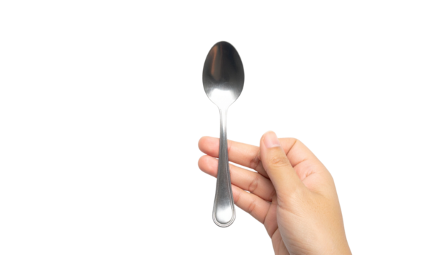 Female hand holding a spoon isolated on transparent or white background
