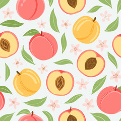 Seamless pattern with whole peaches, peach halves, green leaves, and pink blossoms on pastel background. Fresh summer fruit design in minimal, clean, hand-drawn retro style