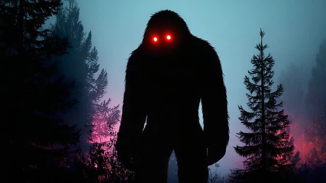 Mysterious creature sighted in foggy forest at dusk with glowing eyes