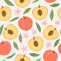 Seamless pattern with whole peaches, peach halves, green leaves, and pink blossoms on pastel background. Fresh summer fruit design in minimal, clean, hand-drawn retro style