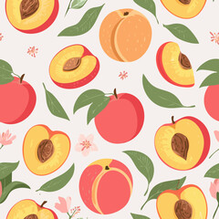 Seamless pattern with whole peaches, peach halves, green leaves, and pink blossoms on pastel background. Fresh summer fruit design in minimal, clean, hand-drawn retro style